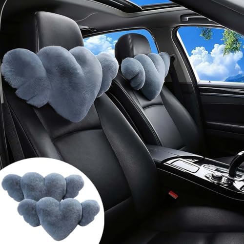 2 Pack Heart Shaped Plush Car Neck Pillows, Soft Car Headrest Cushion for Driving Travel Office Chair, Cute Cars Interior Decor Accessories for Women Girls(Gray)