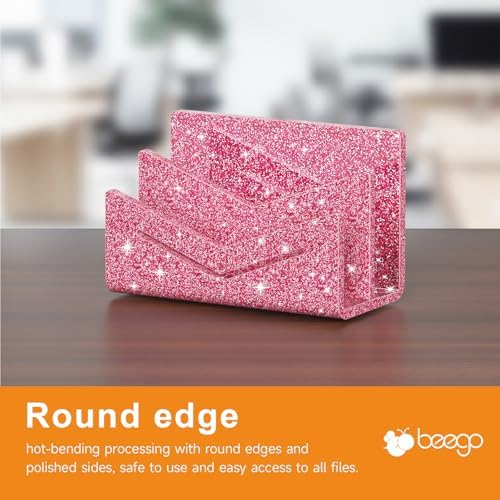 Beego Envelope and Mail Organizer Countertop - 2 Compartments Glitter Pink Acrylic Desk Organizer Letter Holder Desktop File Sorter Bill Document Folder Rack for Office, Home, School