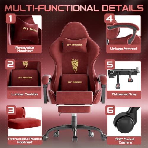 Ferghana Ergonomic Velvet Fabric Gaming Chair for Adults, Embroidered Fire Pattern, Massage Lumbar Support, Retractable Footrest, Adjustable Reclining Racing Style Computer Office Desk Chair, Red