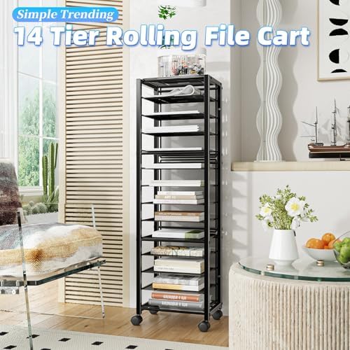 Simple Trending 14 Tier Rolling File Cart, Desk File Organizer, Paper Letter Storage Rolling Clutter Cart for Office, Home, School, Black