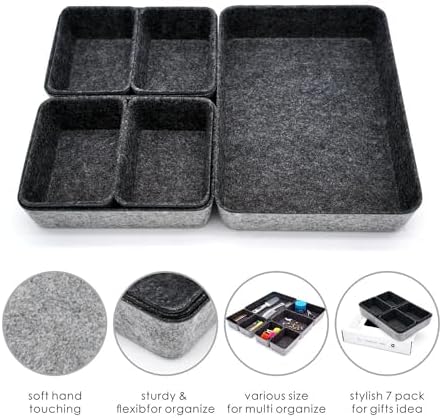 Welaxy 7pc Shallow Felt Desk Drawer Organizers Trays Charcoal Storage Bins