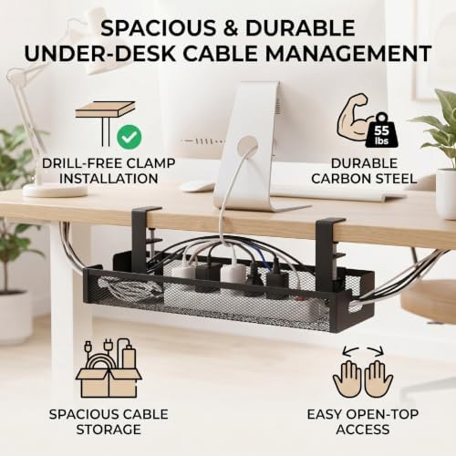 Sanpyl 16in Under Desk Cable Management Tray with Clamp, No Drill