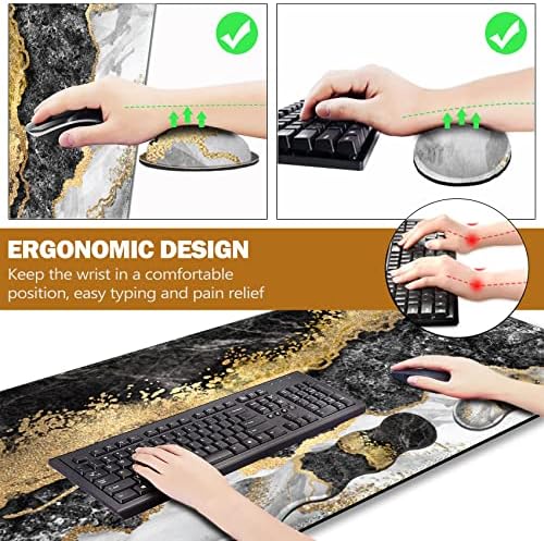Upgraded Extended Gaming Mouse Pad, Keyboard Wrist Rest Pad, Wrist Support Mousepad Set, Artso Large Stable Rubber Base Stitched Edges, Multifunctional Desk Pad 35 x15.5 in, Black Grey Marble