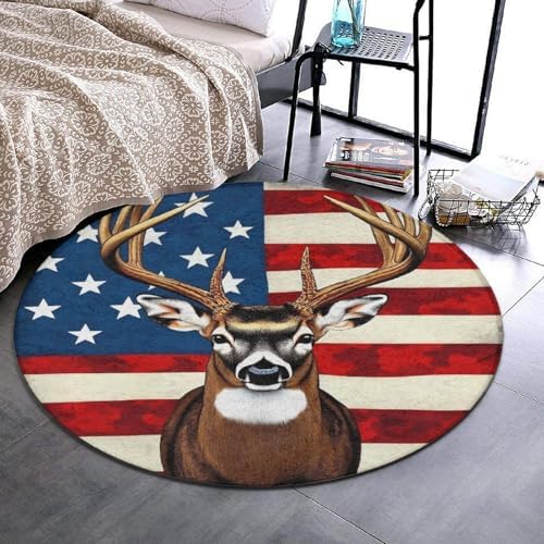 Fashion Round Area Rug Large Non Slip Carpet Unisex Home Decor Mat American Flag Hunting Deer