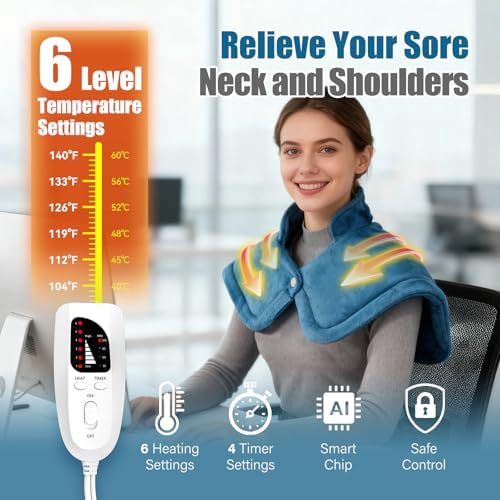 Weighted Heating Pad for Neck & Shoulders - 6 Heat Settings, 4 Timers, Auto Off - Electric Heating Pad for Back Pain Relief - Gift for Women/Men, Mom/Dad, Birthday, Christmas