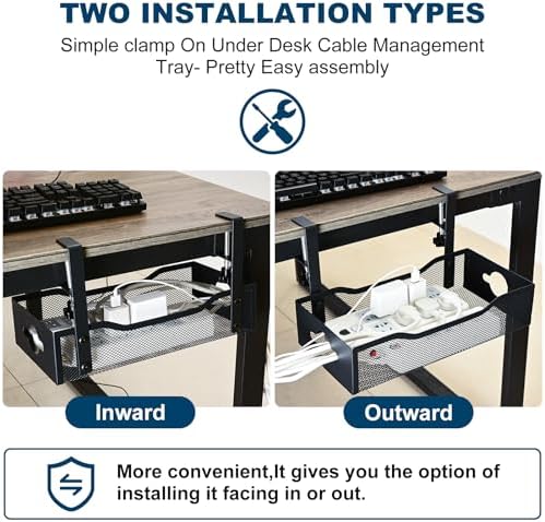Large Under Desk Cable Management Tray - Heavy Duty Metal Cord Organizer with No Drill Installation for Office & Home Office Desks to Hide Wires & Power Strips (Black, XL) (Pack of 2)