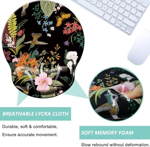 Mouse Pad with Wrist Support, Ergonomic Mouse Pad with Memory Foam Wrist Rest Cushion, Non-Slip Rubber Base Gaming Mice Pad for Home Office Computer Laptop, Flowers Birds