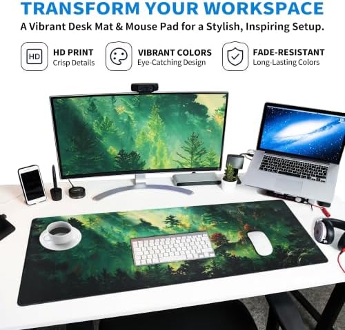 Extended Mystic Forest Desk Mat, XXL Large Gaming Mouse Pad, Green Landscape Stitched Edges Waterproof with Non-Slip Rubber Base for Computer Keyboard Laptop Work Home Office 35.4"x15.7"