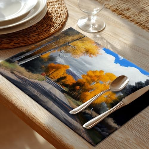Shrahala Fall Yellow Trees Landscape Set of 6 12 X 18 Inch Linen Placemats, Autumn in Castle Creek Road Burlap Table Mat Washable Double Layered Heat Insulation for Indoor/Outdoor