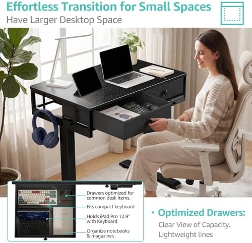 KLUVIS Black Sit Stand Desk with Drawers, 32 Inch Electric Standing Desk with Storage, Small Space Stand Up Computer Desks for Home Office Bedroom, Study Writing Desks for Walking Pad