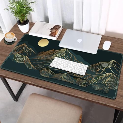 AIMSA Keyboard Mouse Pad Wrist Rest Set, Extended Desk Mat+ Ergonomic Mouse Pad with Wrist Rest+ Keyboard Wrist Support+ Coaster, 35x15.7in Large Desk Pad, Abstract Gold Sun Mountain