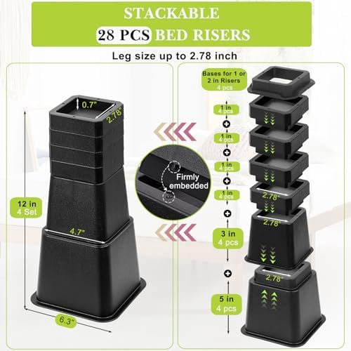 28 PCS Bed Risers 12 Inch Heavy Duty, Adjustable Furniture Risers up to 12 Inch Lift 12 Heights Options 1, 2, 3, 4, 5, 6, 7, 8, 9, 10, 11, 12 Inch for Couch, Sofa, Table Bed Frame Legs Dorm, Black