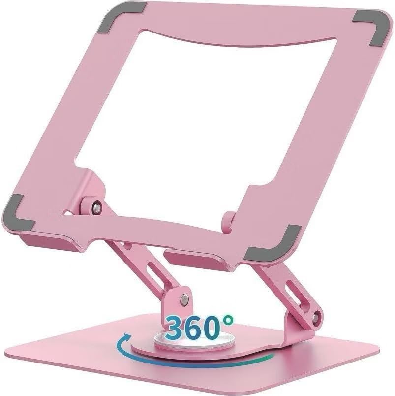 360°Rotating Laptop Stand, Ergonomic Adjustable Foldable Notebook Riser, Metal Computer Holder Compatible with 10-17.3" Laptops, Desktop Printer Stand, for Home & Office (Pink-Square)
