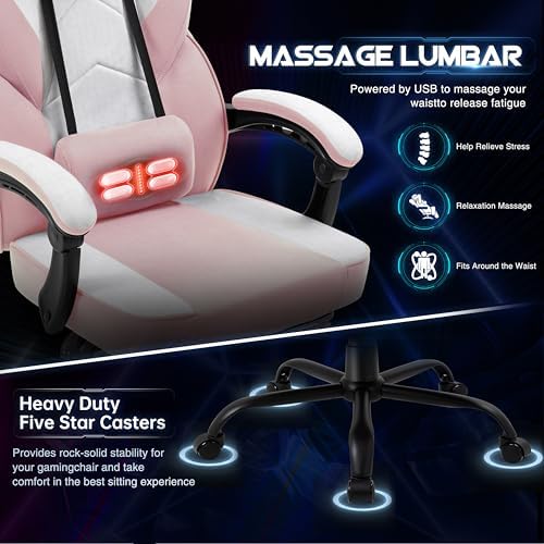 DL-win Video Gaming Chair for Adults, Computer Chair with Footrest and Ergonomic High Back, Big and Tall Gamer Chair with Massage Lumbar Support (Blush)