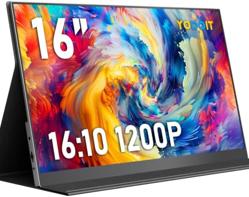 Yodoit Portable Monitor for Laptop 1920×1200 16" FHD Screen IPS Display with USB Type C Port, Built-in Speakers and Smart Cover Compatible with PC, MacBook, Xbox (Black)