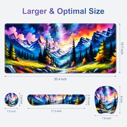 4 in 1 Large Mouse Pad, Keyboard Wrist Rest Set, Ergonomic Mouse Pad with Wrist Support, Desk Mat with Stitched Edges Extended Desk Pad Waterproof Desk Mat for Home Office Game I Landscaping Mountain