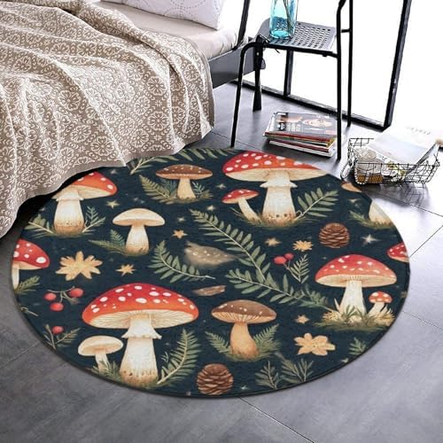 Large Home Decor Mat, Soft Round Yoga Carpet, Non Slip Machine Washable Home Office Circle Rug Mushrooms