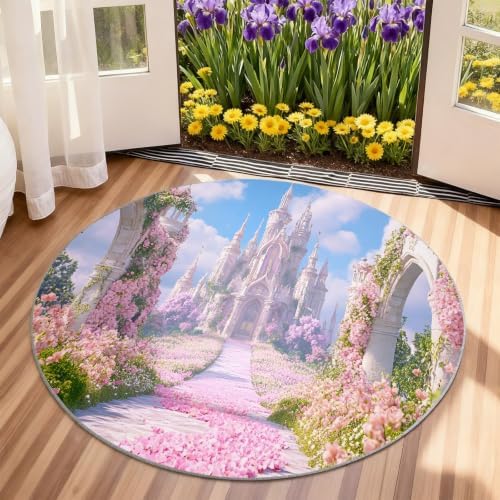 Princess Castle Round Rug - 8ft Washable Floral Castle Round Area Rug for Living Room, Dreamy Theme Circle Rugs Soft Non-Slip Carpet for Bedroom Dining Table Coffee Table Decor Mat