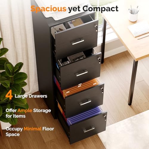 VINGLI 4 Drawer File Cabinet with Lock, Home Office Filing Organizer, for Letter Size File Folder Storage, Wood Tall Vertical Filing Cabinet, Printer Stand, Archivador (Black)