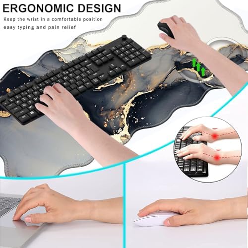 Mouse Pad with Wrist Support + Desk Mat + Coaster 3 in 1 Set, XL Large Gaming Mousepad Ergonomic Mouse Pads for Desk Computer Laptop Office,Black Gold Marble