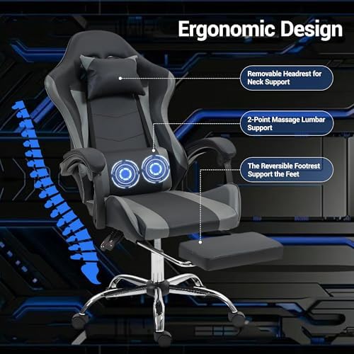 Ergonomic Gaming Chair with Massage Lumber, Grey Video Game Chair w/Footrest for Adults Kids, Adjustable Headrest & Lumbar Support, 360° Swivel for Home Office Bedroom Gaming Room