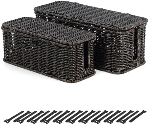Cable Management Box, Cord Organizer with Lid & Cable Ties - Black Set
