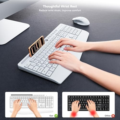 KYSONA 5th Gen Wireless Keyboard,2.4G Full-Sized Cordless Ergonomic Keyboard with Wrist Rest, Phone ipad Holder, Adjustable Angle, Compatible with Laptop/PC/Mac/Windows, White