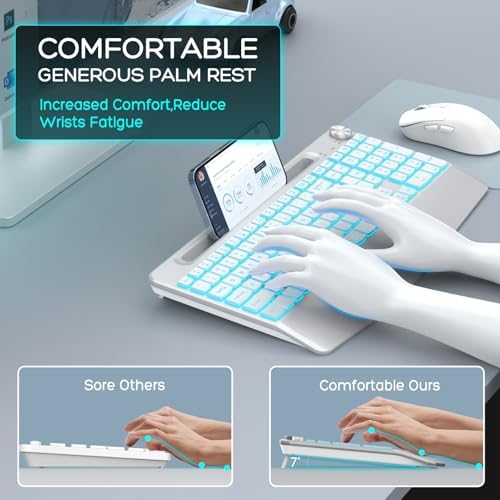GAMCATZ Wireless Keyboard and Mouse Backlits - Full-Sized Ergonomic Lighted Keyboard with Wrist Rest, Phone Holder,2.4GHz Rechargeable Silent Keyboard Mouse Combo for Computer, Laptop, PC, Mac -White