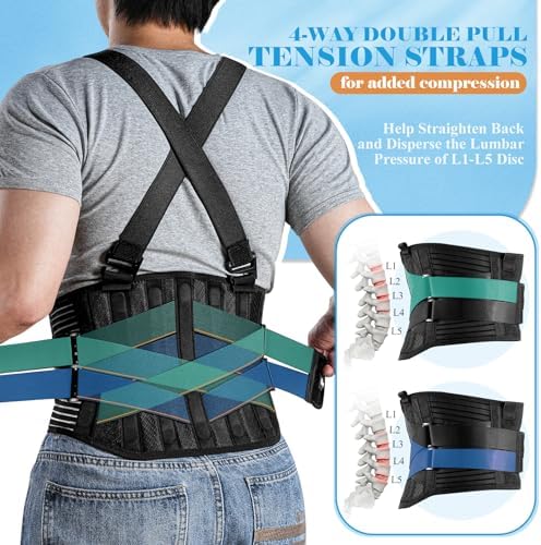 Back Support Belt with 2 Removable Suspender Straps, Back Posture Corrector for Heavy Lifting Safety Protector, Work Back Brace for Men Women in Construction, Warehouse Jobs X-Large