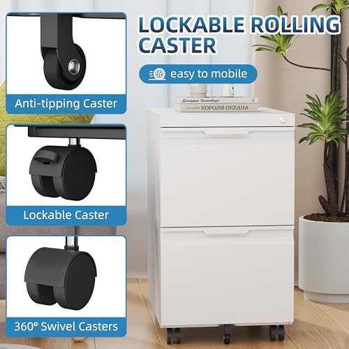 File Cabinet with Lock, 2 Drawer Mobile File Cabinet with Wheels, Metal Vertical File Cabinets for Home Office, Rolling Filing Cabinets Under Desk Storage for Letter/Legal/A4 Files