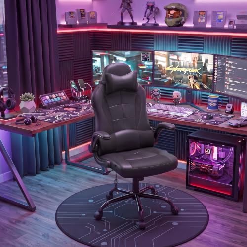 BestOffice Ergonomic Gaming & Office Seat with Lumbar Support, Massage Executive PU Leather Chair - Adjustable Headrest, Swivel Rolling Computer Desk Recliner for Adults Women (Black)