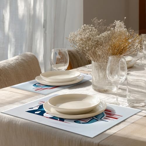 Shrahala American Flag Set of 8 12 X 18 Inch Linen Placemats, Stars and Stripes Elephant Burlap Table Mat Washable Double Layered Heat Insulation for Indoor/Outdoor