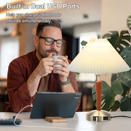 LALISU Touch Bedside Table Lamp, Fabric Shade Small Table Lamp, Brown