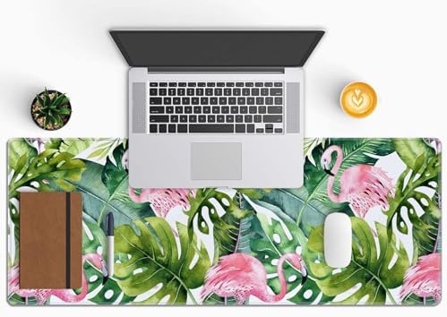 Large Gaming Mouse Pad with Stitched Edges, Watercolor Tropical Palm Tree with Flamingo Desk Mat Extended Keyboard Pad, Non-Slip Rubber Base Desk Pad for Keyboard and Mouse, 31.5X11.8 inch