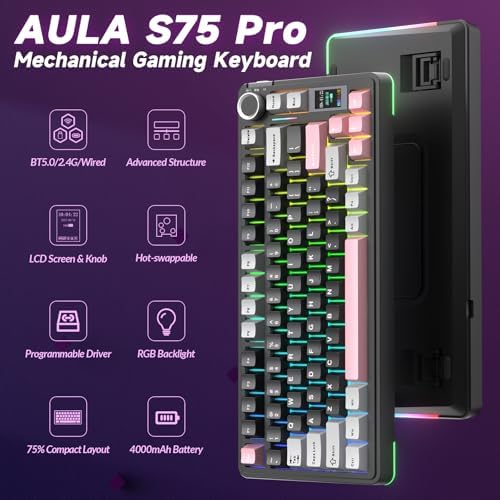AULA S75 PRO Wireless Mechanical Gaming Keyboard with Screen&Knob, 80 Keys
