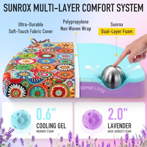 SUNROX Cooling Gel Memory Foam Chair Cushions, 2.6" Thick U-Shaped Dual-Layer Comfort Dining Chair Pads, Non Slip Seat Cushion with Ties for Indoor Kitchen Office 17"x16" Set of 8, Circle Flower