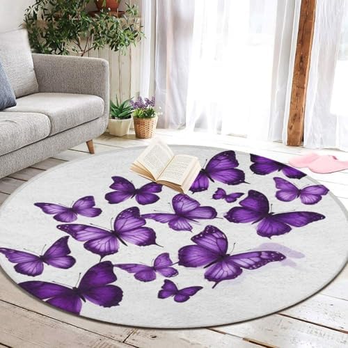 Women's Large Home Decor Mat, Soft Round Yoga Carpet, Non Slip Machine Washable Home Office Circle Rug Purple Butterfly