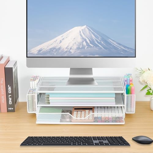 AUPSEN Computer Monitor Stands Riser，2-Tier Desk Organizers and Accessories, Office Desk Accessories Organizer with Drawers and 2 Pen Holder for Office Supplies (White)