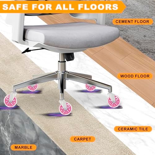 Office Chair Wheels for Casters Replacement - 3" Rubber Wheels for Computer Gaming Desk Caster Smooth & Safe Rolling for All Floors Including Hardwood and Carpet - Set of 5 - Pink