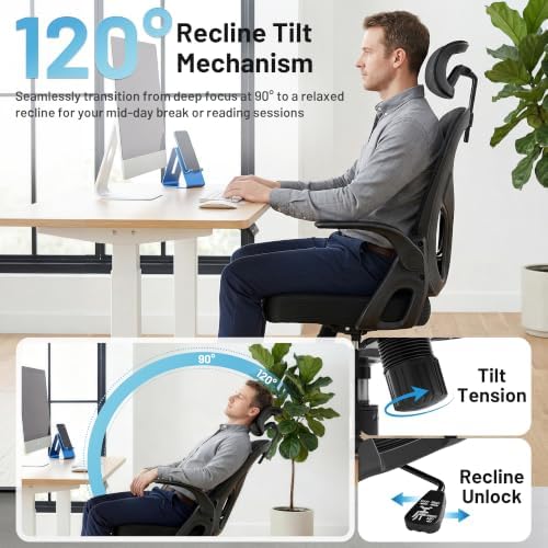 Office Chair Ergonomic Desk Chair with Adjustable Headrest Lumbar Support, High Back Breathable Mesh Chair with 120° Tilt & Flip-Up Armrests, Swivel Comfy Task Computer Chair for Work, Study