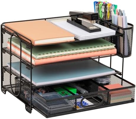 Mind Reader Mesh Desk Organizer, 3 Trays, 1 Drawer, 2 Pen Holders, Office Desktop Organizer, Metal Mesh, Black