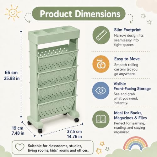 5-Tier Rolling Bookshelf Cart with Wheels, Green