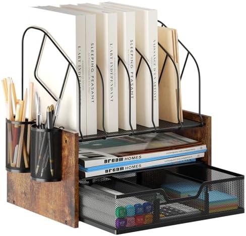 Desk Organizer with Drawer, Desktop File Organizer and Paper Tray Organizer with Vertical File Holder, Office Desk Accessories for Mail, Documents, Papers, Notebooks and Home Office Storage