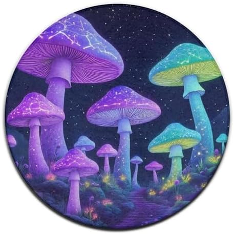 Women's Large Home Decor Mat, Soft Round Yoga Carpet, Non Slip Machine Washable Home Office Circle Rug Neon Mushrooms