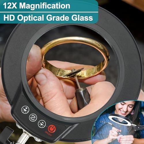 12X Magnifying Glass with Light and Stand, 2-in-1 Desk Lamp & Clamp Light, Seylae 5 Color Modes, Brightness Stepless Dimmable LED Lighted Magnifier Hands Free, Magnifier Lamp for Close Work, Reading