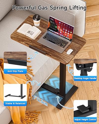 BIZUM Mobile Standing Desk Laptop Desk Pneumatic with Wheels 180° Tilt Top Hospital Bed Table Portable Rolling Cart Foldable Bedside Table for Hospital&Home Use, Walnut