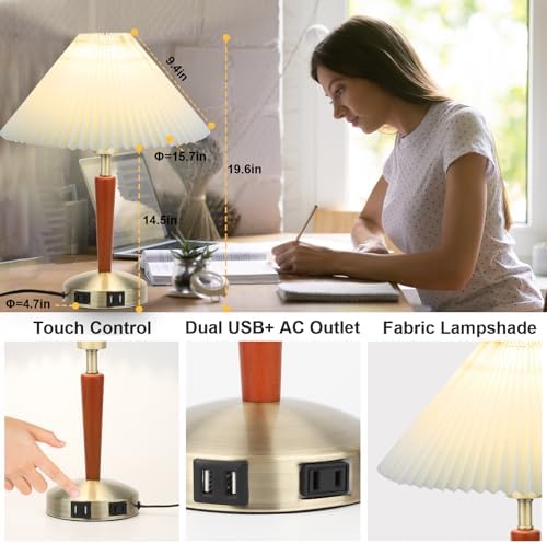 LALISU Touch Bedside Table Lamp, Fabric Shade Small Table Lamp, Brown