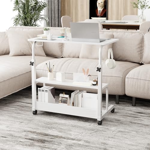 FCH 31.5" Mobile Small Standing Desk, Adjustable Height Mobile Computer Desk, w/2 AC Outlets + 3 USB Ports & Hooks, Storage Shelves, Suitable for Gaming, Studying, Home Office, White