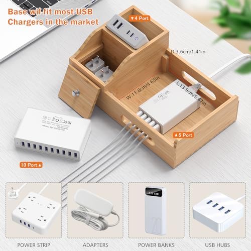 Bamboo Charging Station for Multiple Devices with USB Charger, 5 Cables