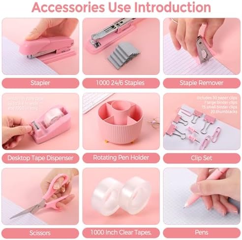 SKYDUE Pink Desk Accessories 11Pcs with Rotating Pen Holder for Desk